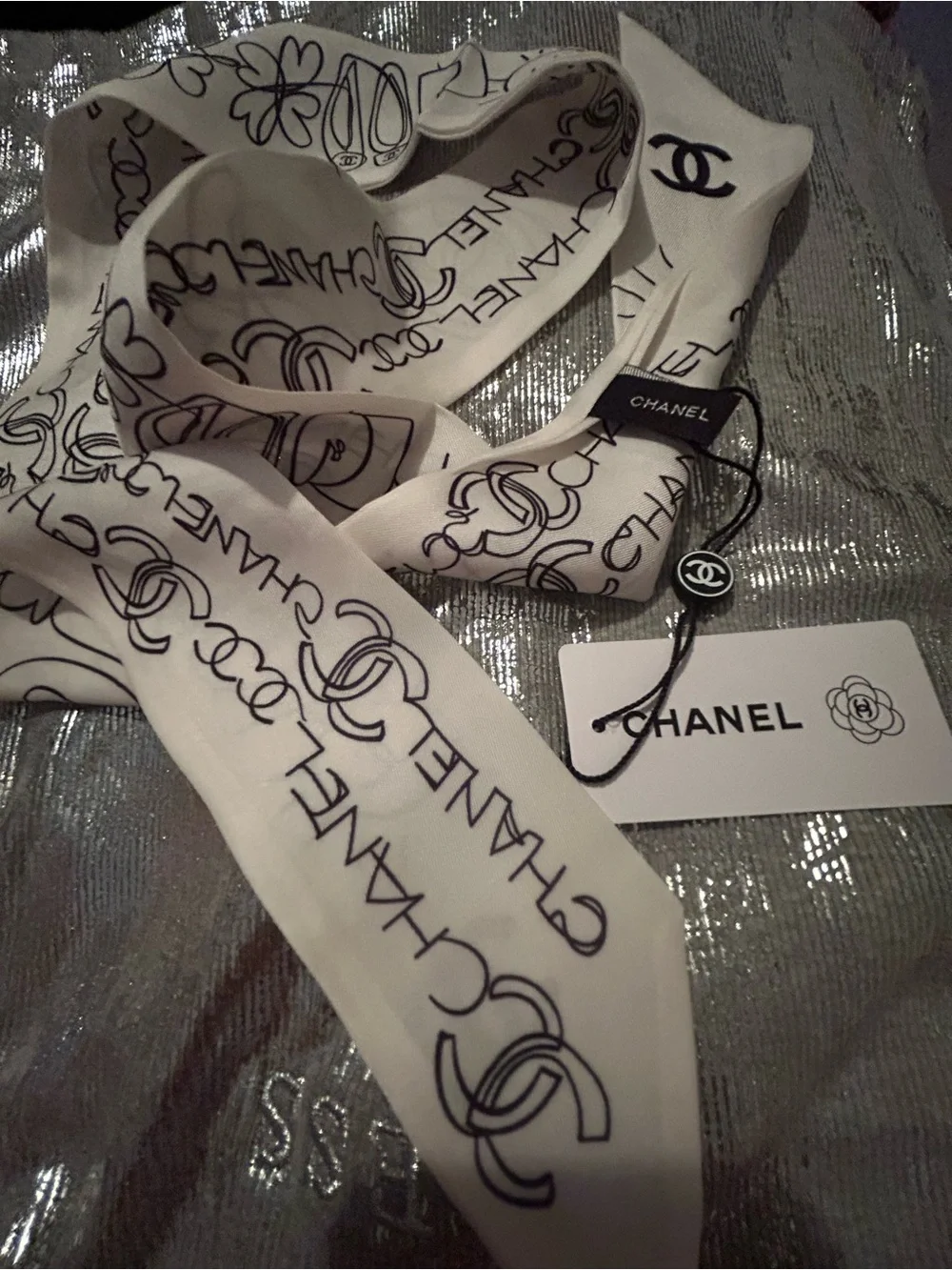 White & Black Logo 100% Silk Twilly Scarf
